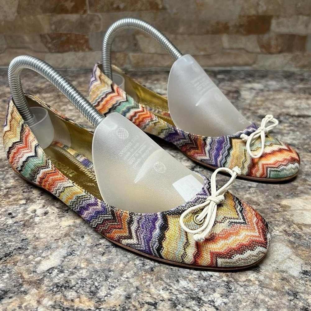 Missoni Women's Flat Round Toe Ballet Shoes Classic Zig Zag With Bow Size 6.5